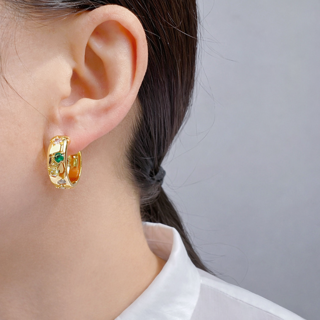 Gold Huggie Hoop Earrings with Multicolor Gemstones