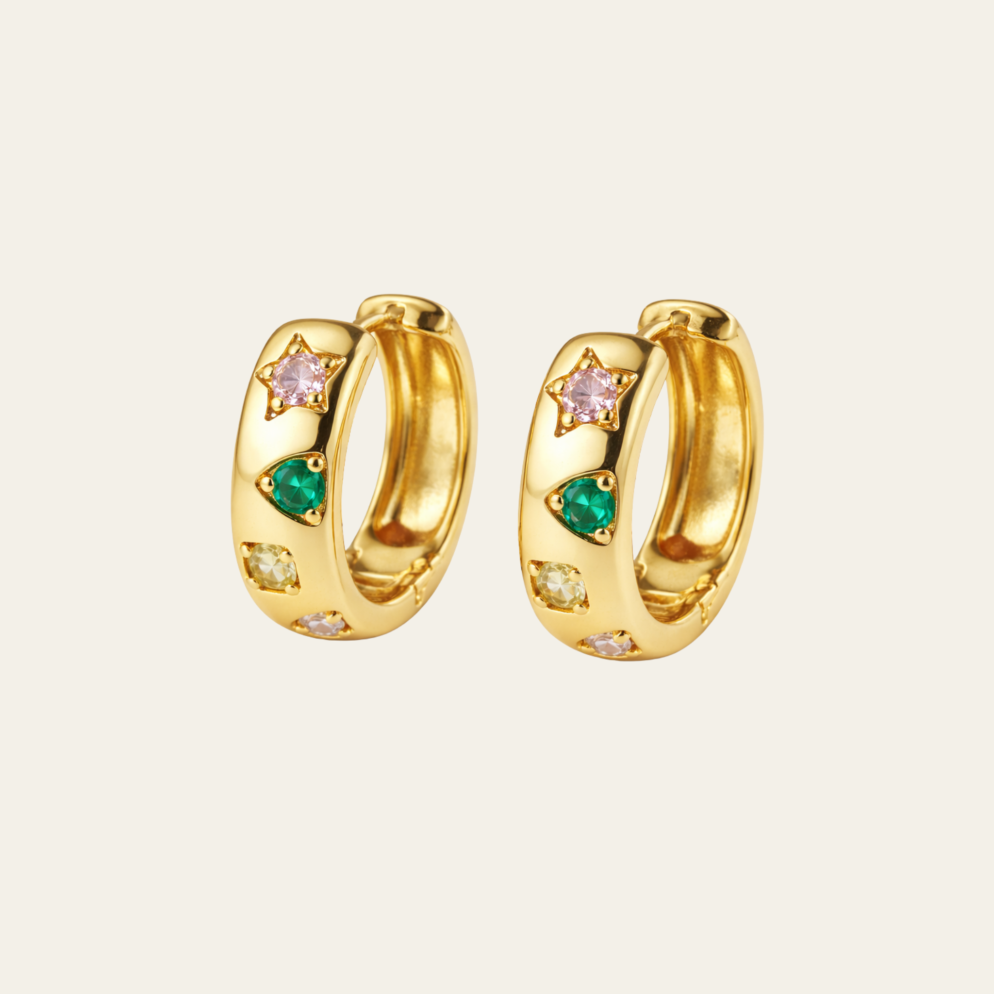 Gold Huggie Hoop Earrings with Multicolor Gemstones