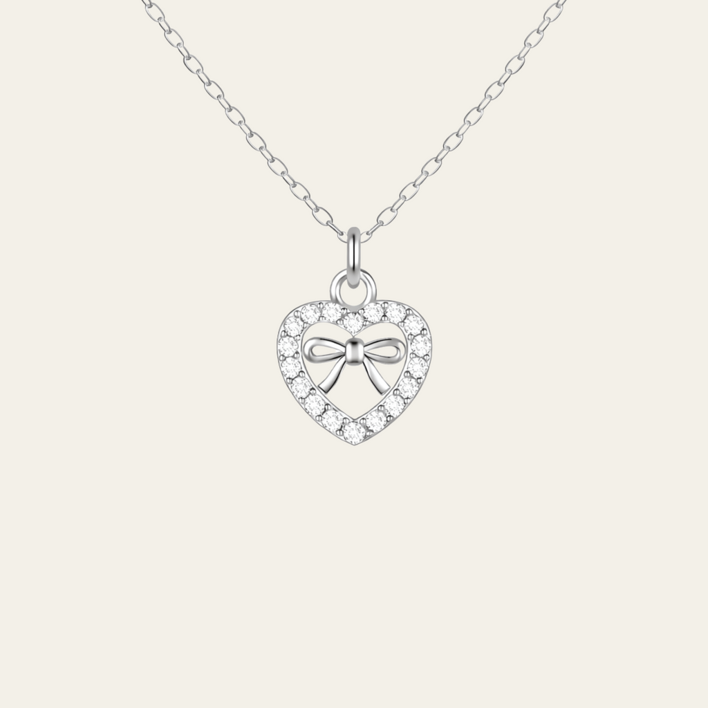Sterling Silver Heart Bow Zircon Pendant Necklace