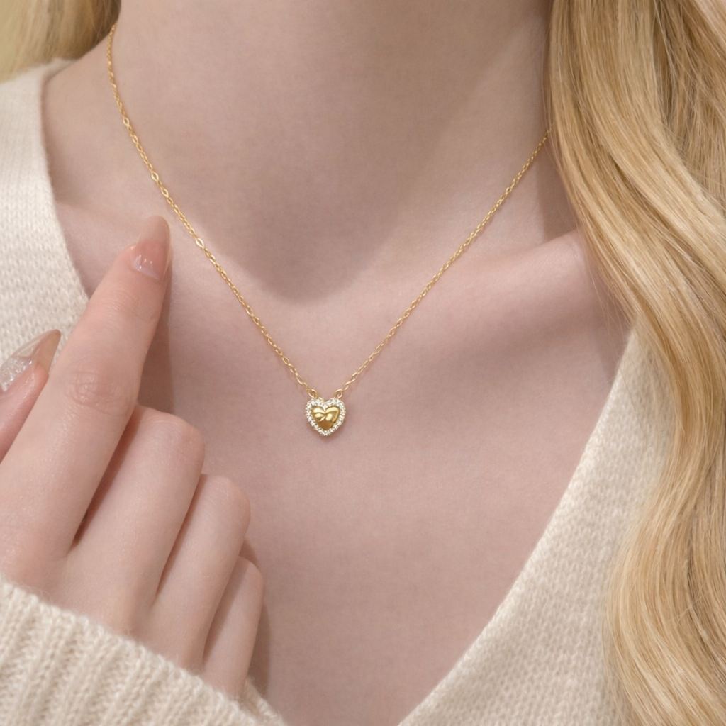 Sterling Silver Heart Bow Zircon Pendant Necklace