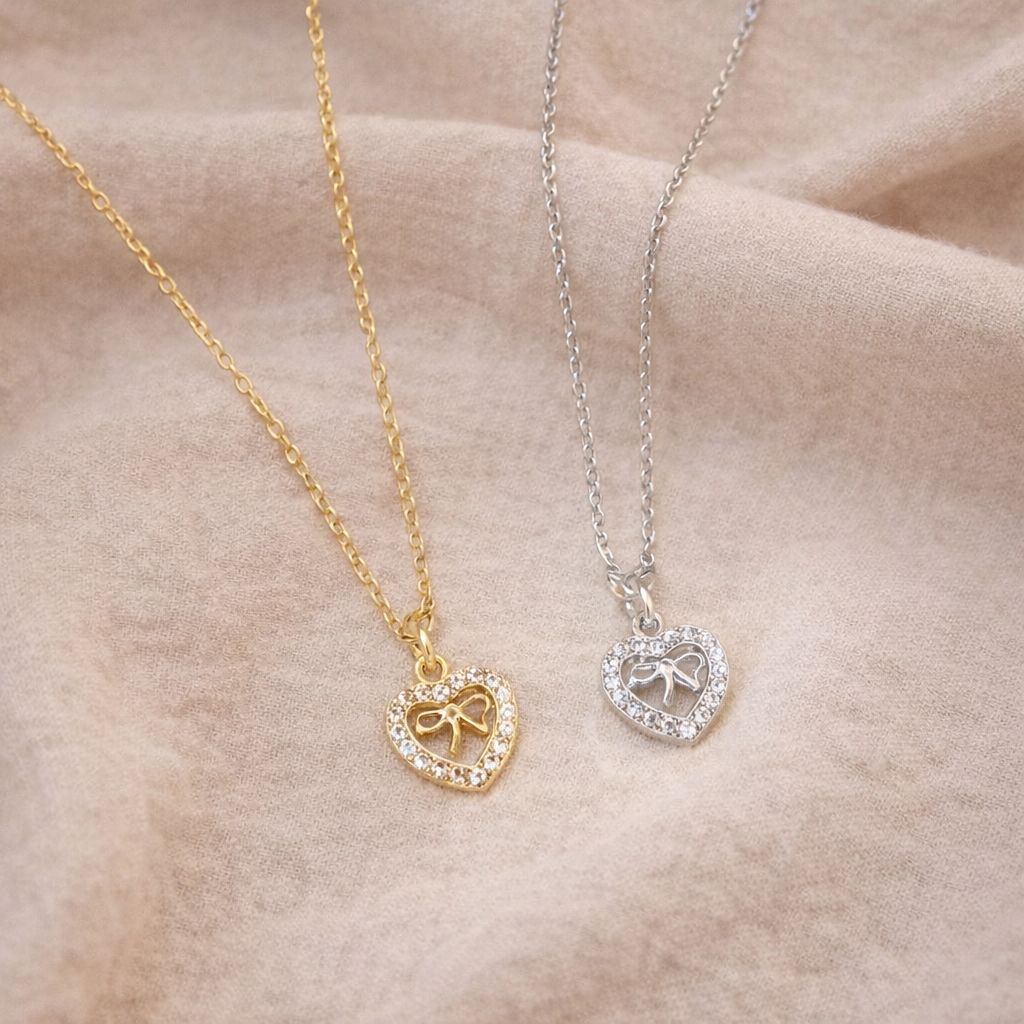 Sterling Silver Heart Bow Zircon Pendant Necklace