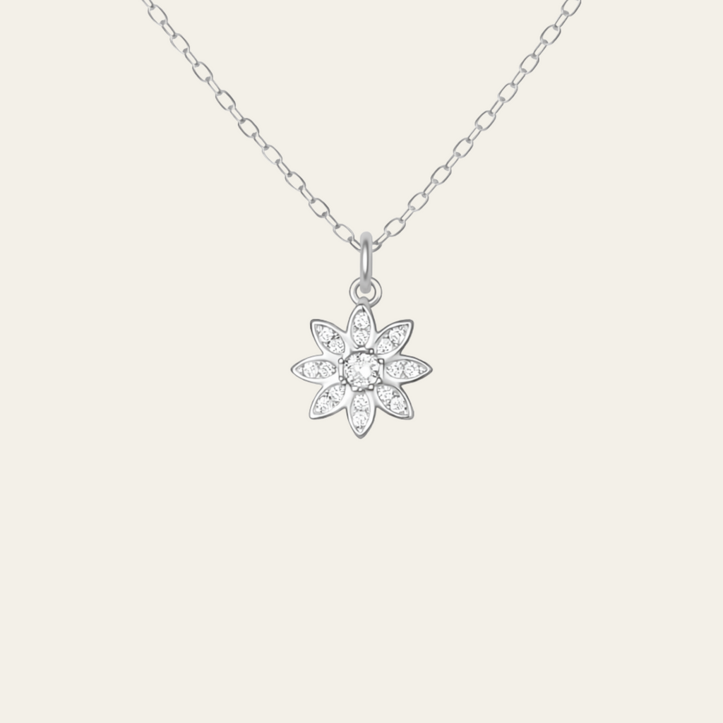Sterling Silver Sunburst Floral Zircon Necklace