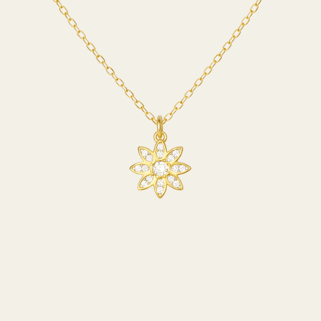 Sterling Silver Sunburst Floral Zircon Necklace