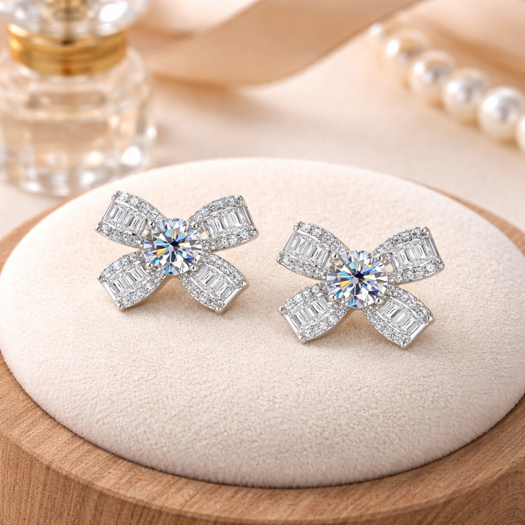Sterling Silver Bow Zircon Stud Earrings