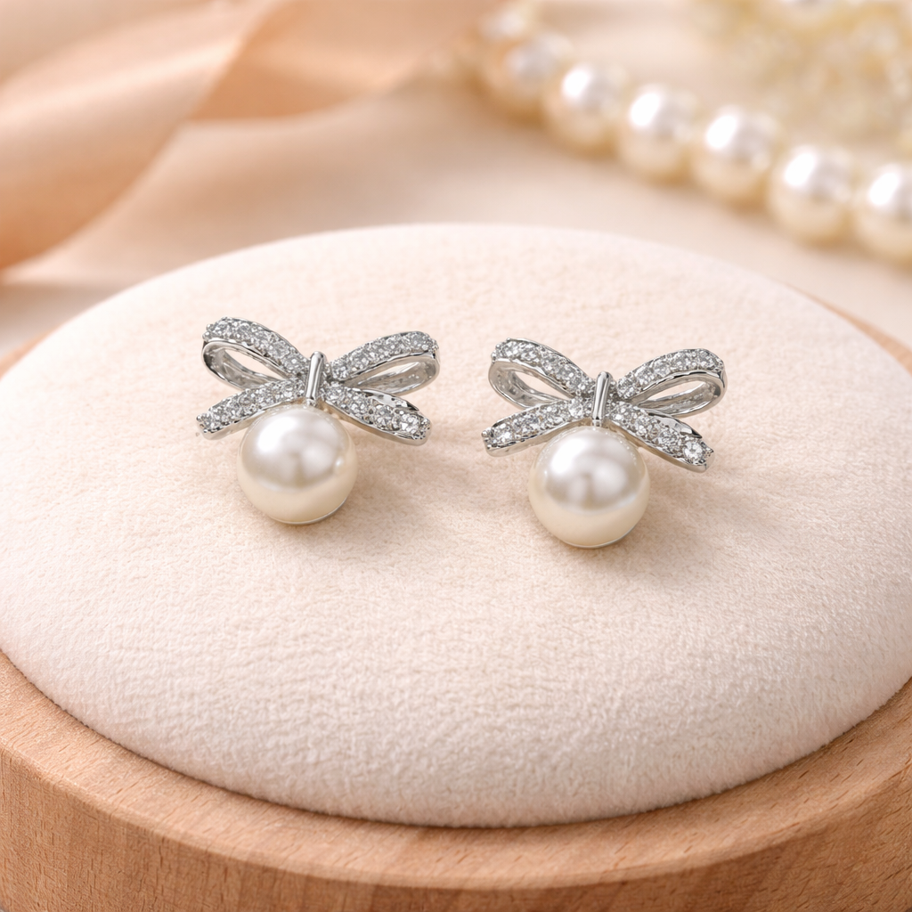 Sterling Silver Bow Pearl Zircon Stud Earrings