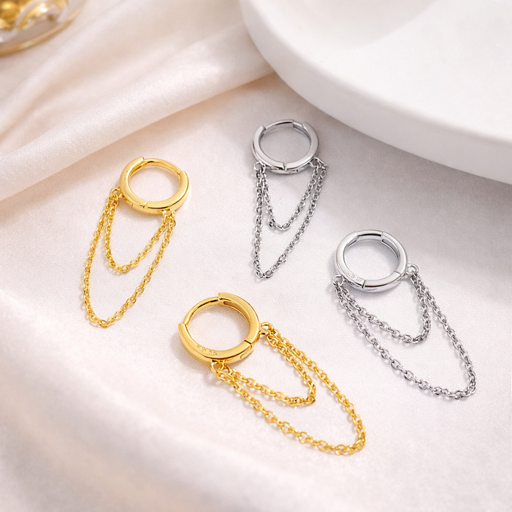 Sterling Silver Minimal Chain Drop Hoop Earrings