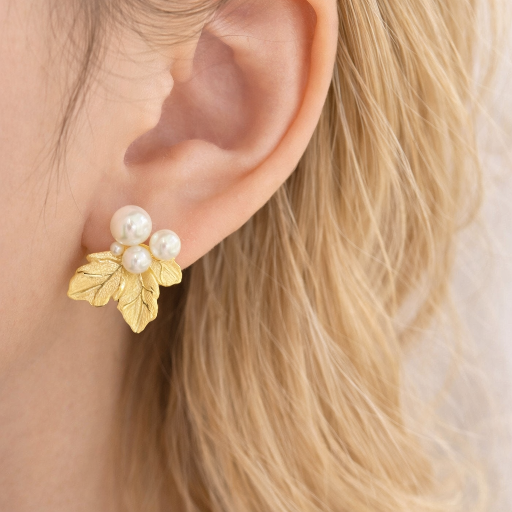 Sterling Silver Grape Pearl Leaf Stud Earrings