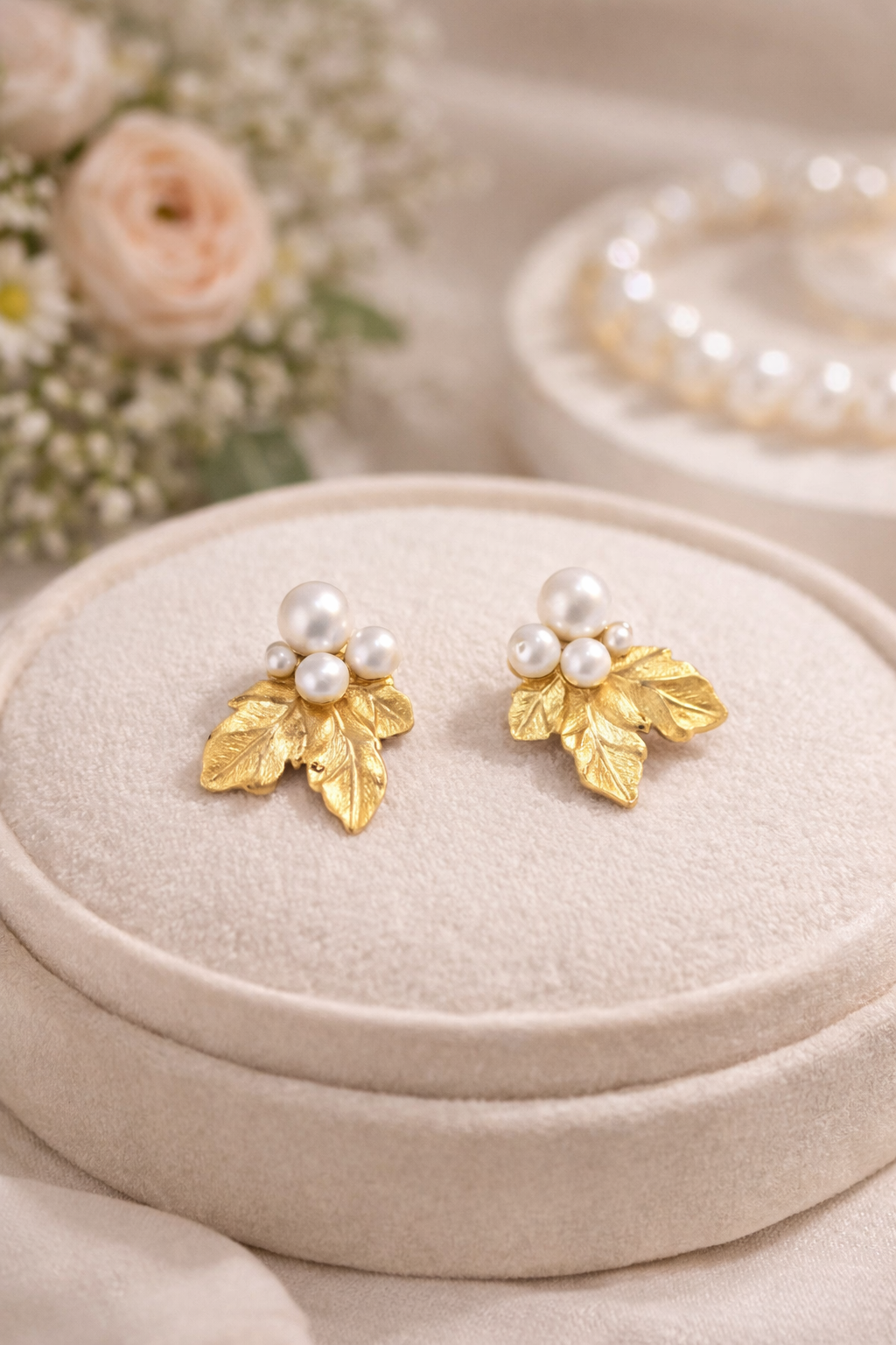 Sterling Silver Grape Pearl Leaf Stud Earrings