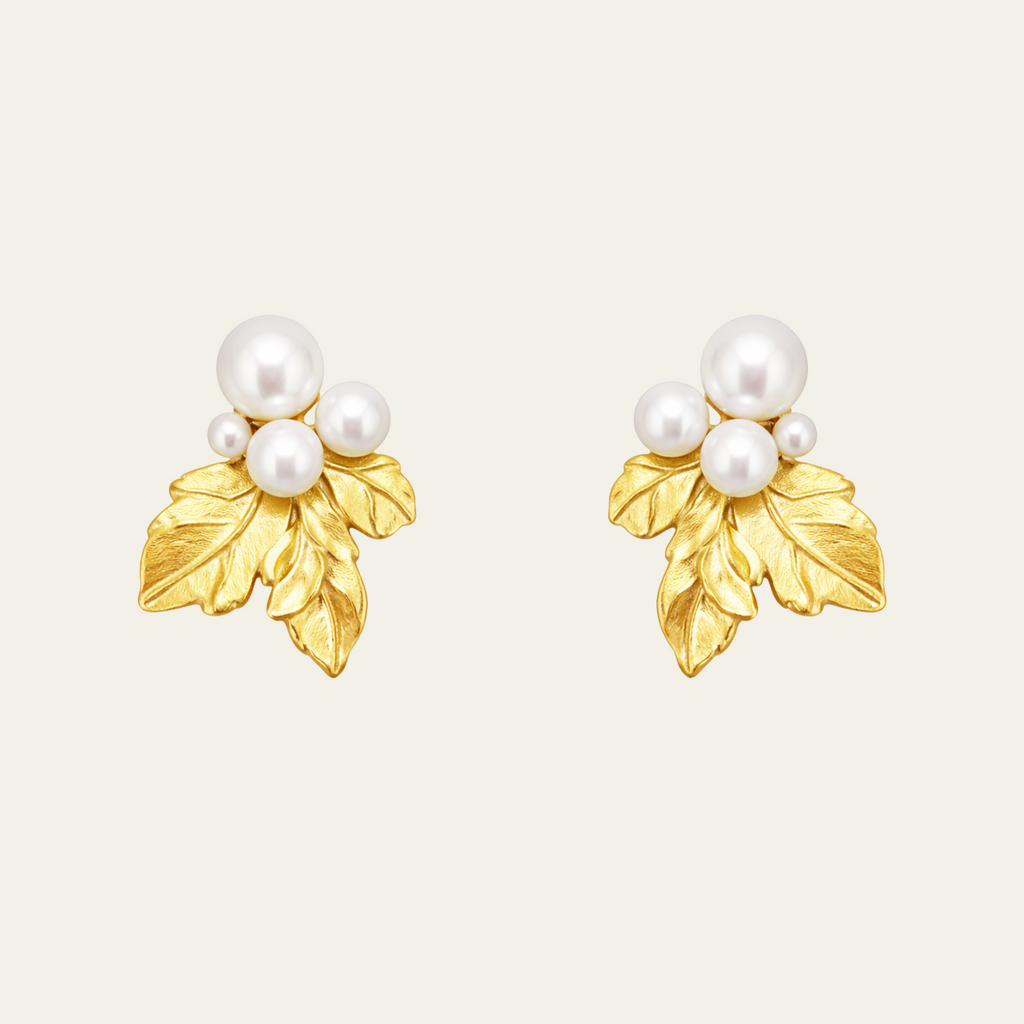 Sterling Silver Grape Pearl Leaf Stud Earrings
