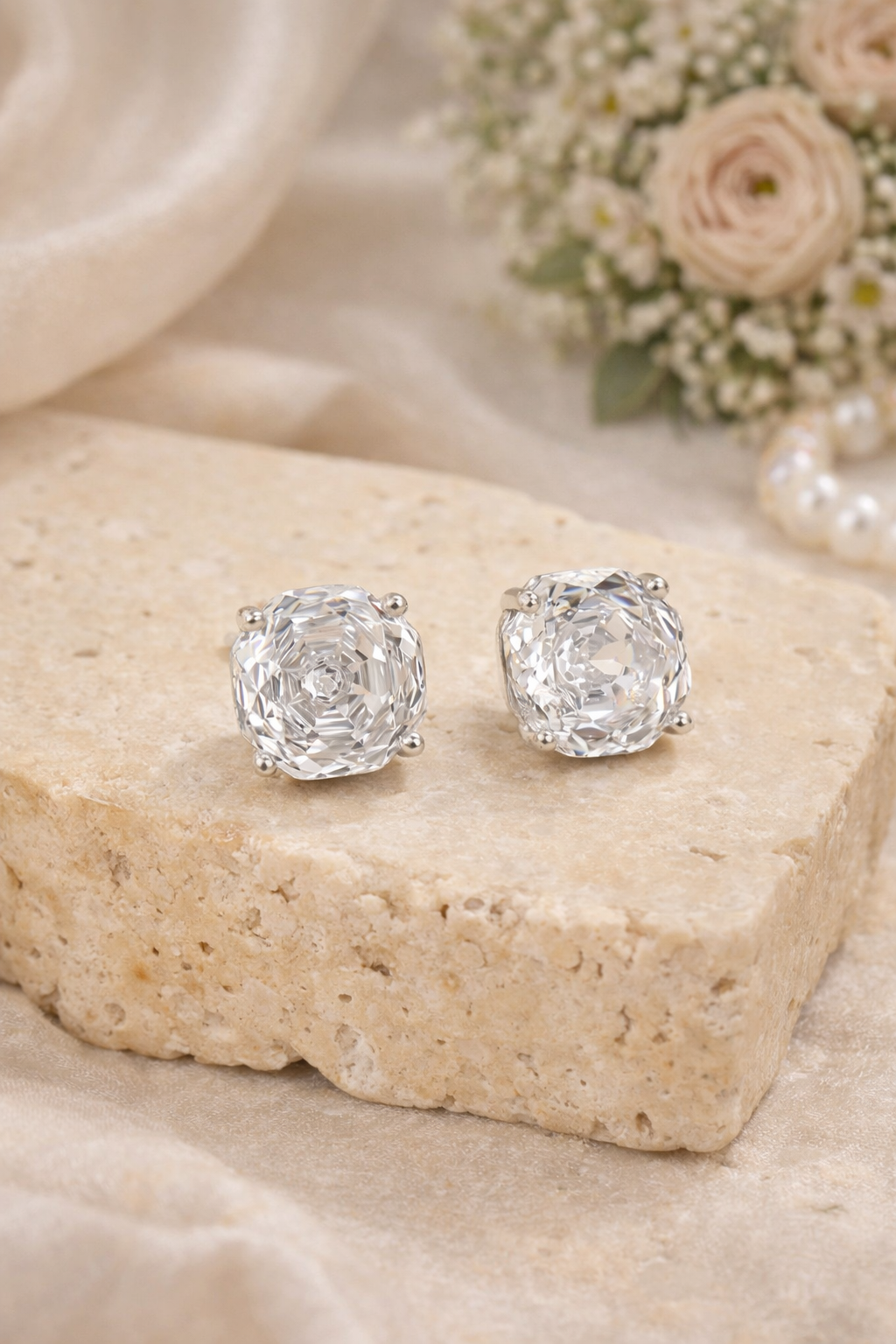 Sterling Silver Rose Cut Zircon Stud Earrings