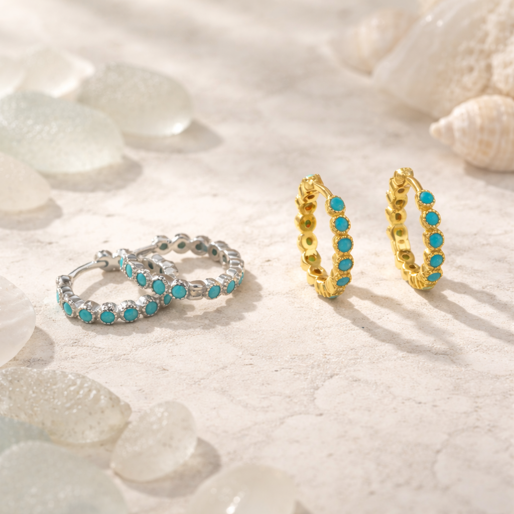 Sterling Silver Vintage Turquoise Round Hoop Earrings