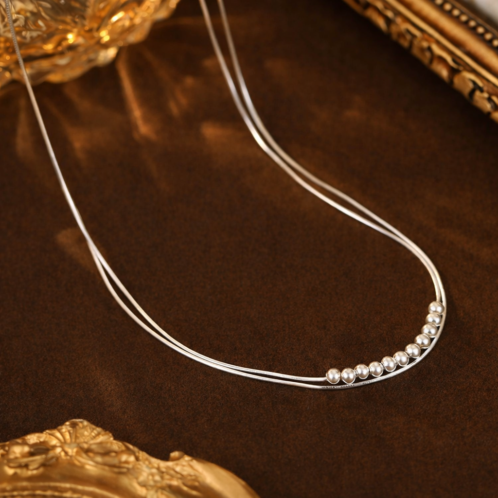 Sterling Silver Minimal Double Layer Pearl Necklace