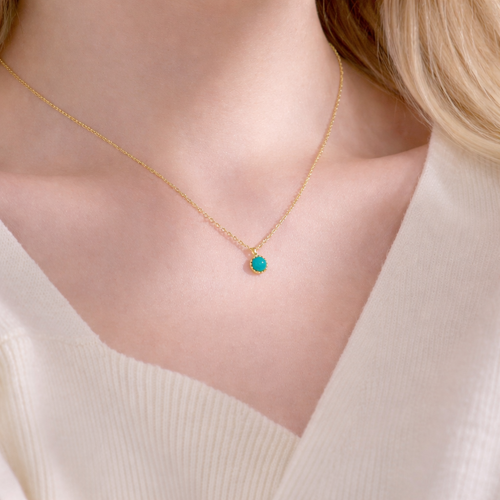 Sterling Silver Round Turquoise Stone Minimal Necklace