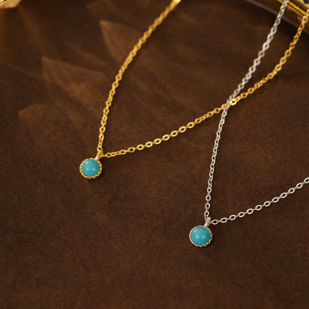 Sterling Silver Round Turquoise Stone Minimal Necklace