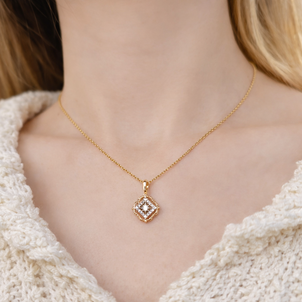 Sterling Silver Geometric Square Diamond Necklace