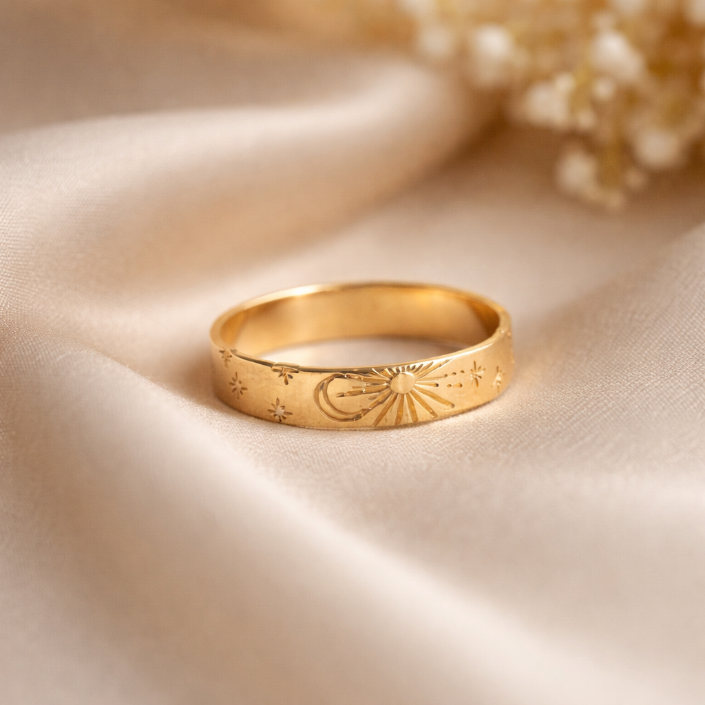 Sterling Silver Star & Moon Engraved Band Ring