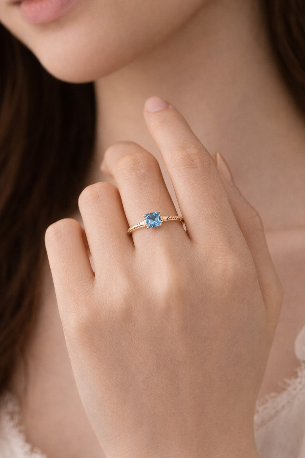 Sterling Silver Square Blue Zircon Ring