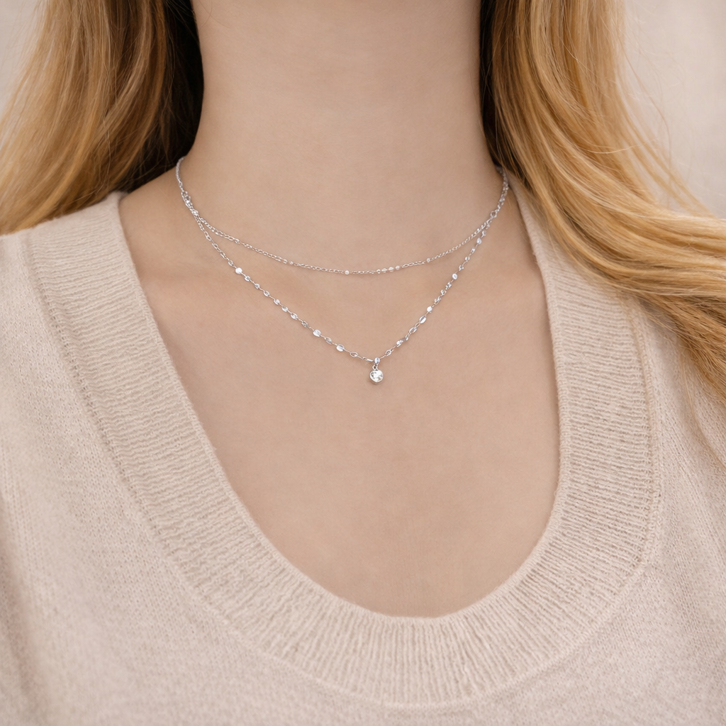 Sterling Silver Double Layer Round Zircon Necklace
