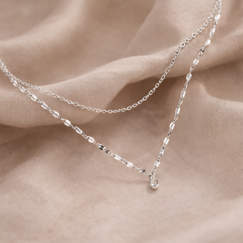 Sterling Silver Double Layer Round Zircon Necklace