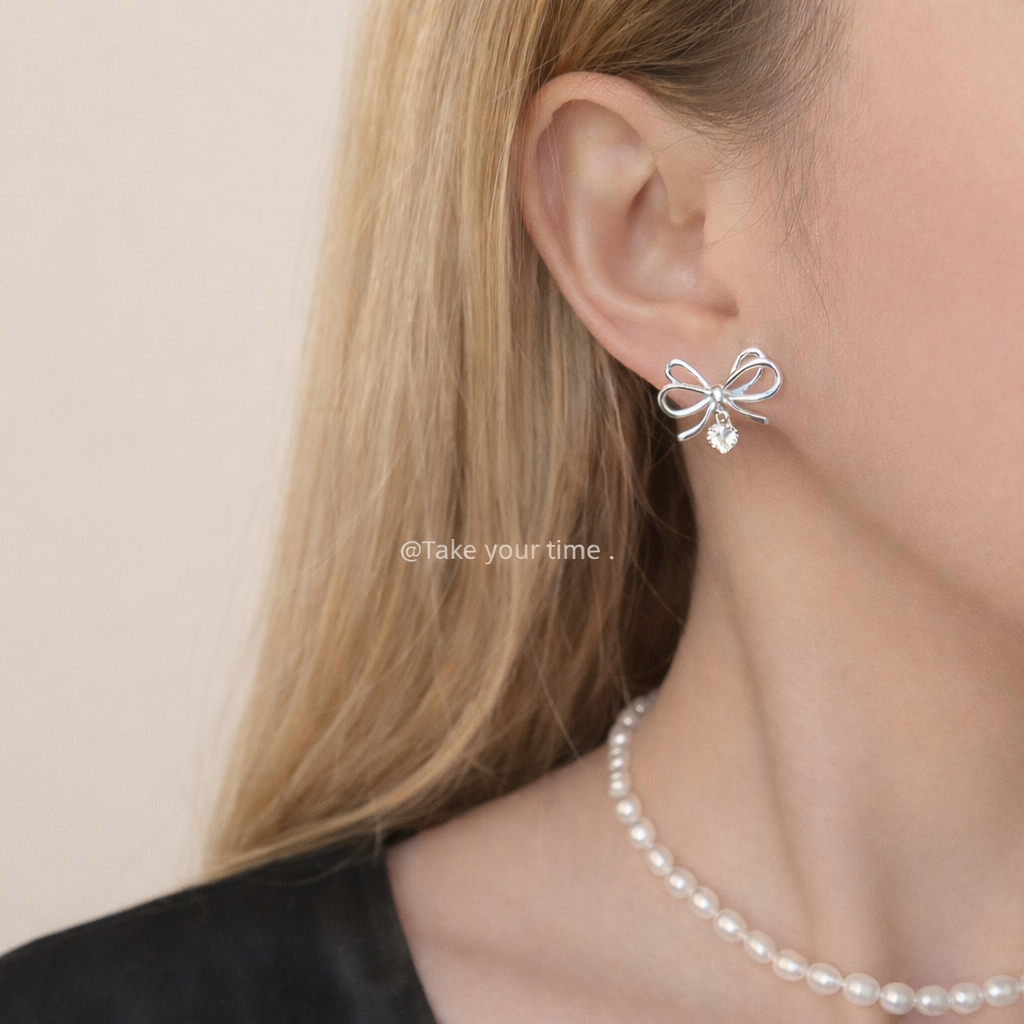 Sterling Silver Bow Heart Drop Earrings