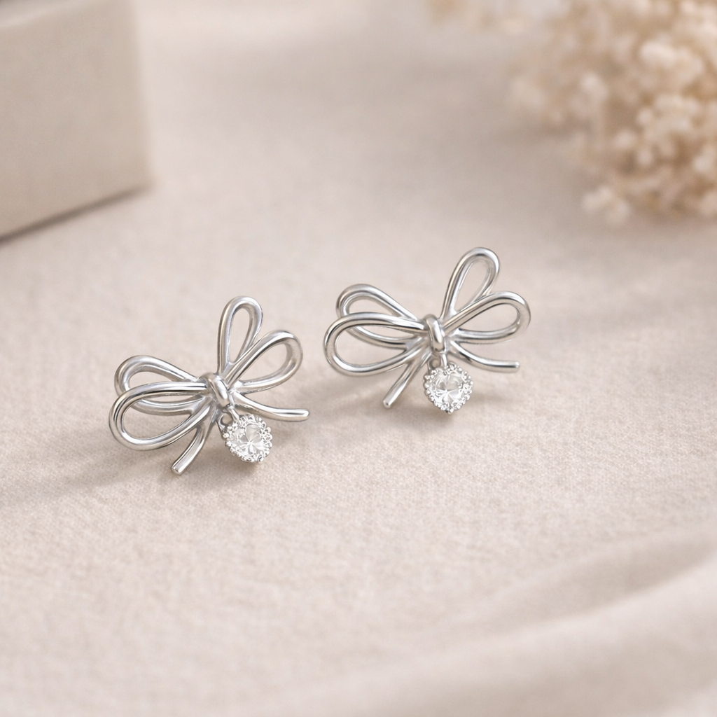 Sterling Silver Bow Heart Drop Earrings