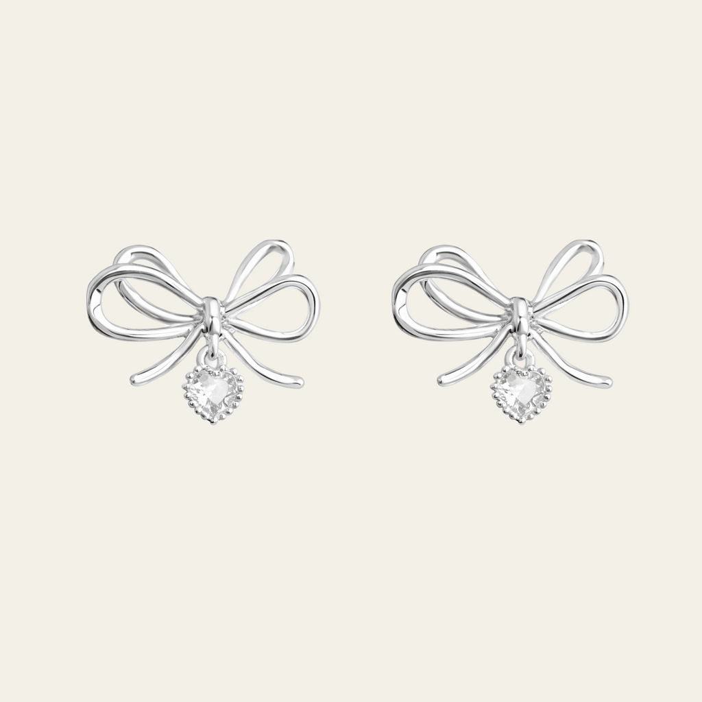 Sterling Silver Bow Heart Drop Earrings