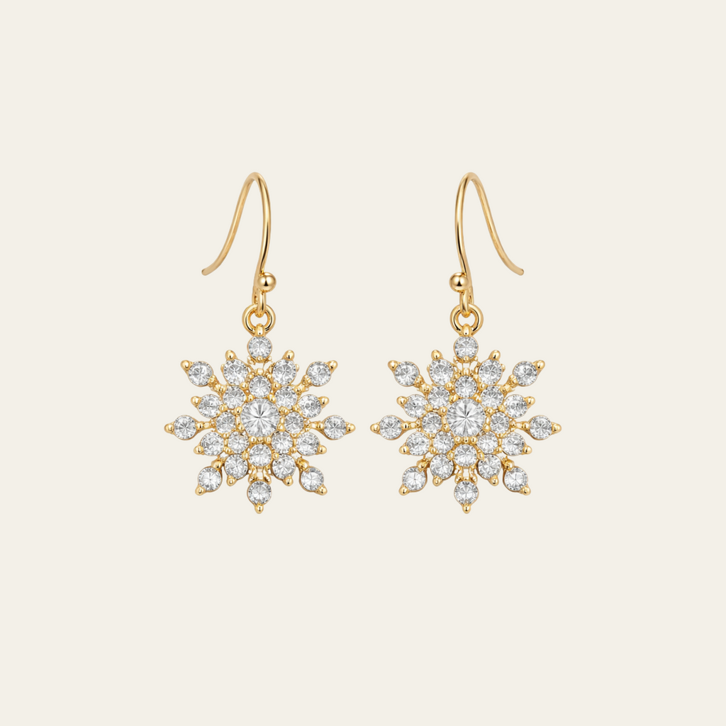 14k Gold Snowflake Cubic Zirconia Drop Earrings Gold Tone