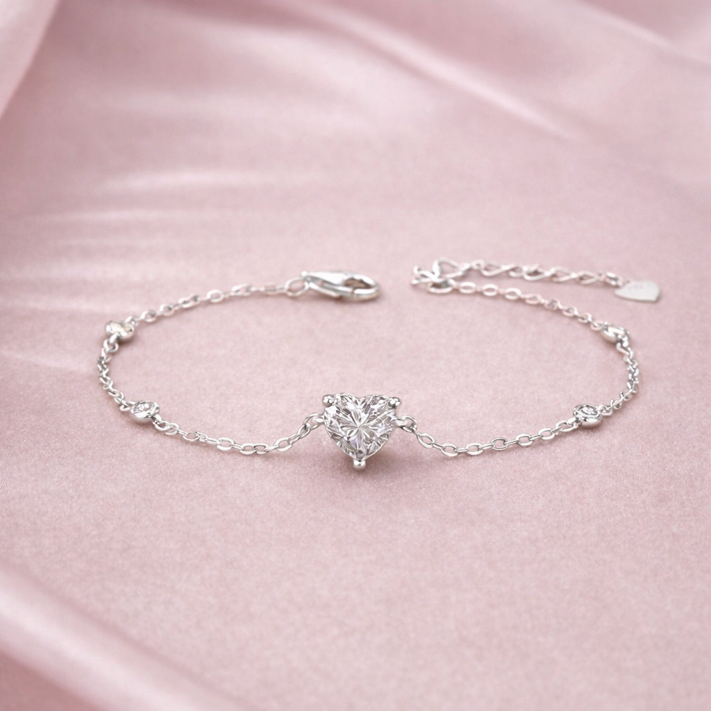 Sterling Silver Heart Zircon Chain Bracelet